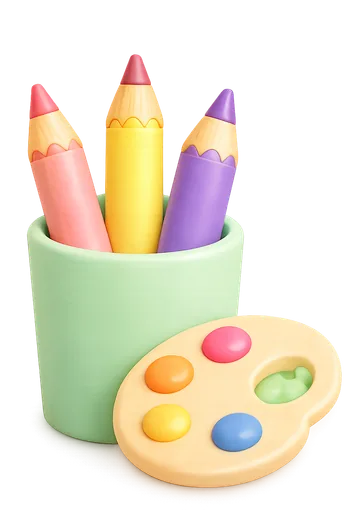 Crayons and a paint palette representing creative arts
